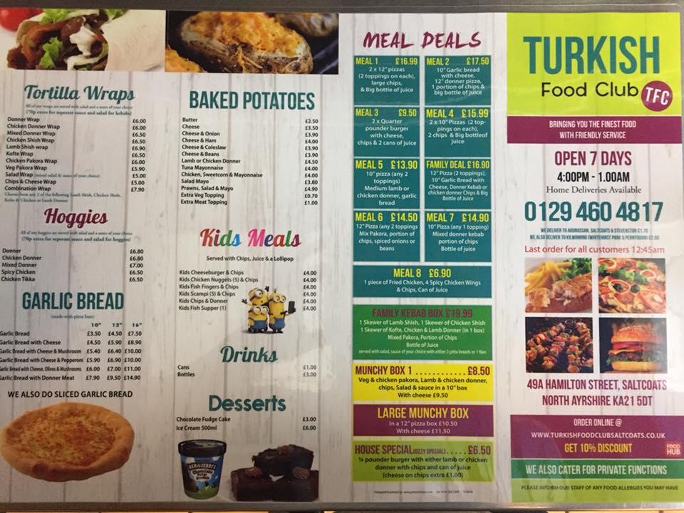 Menu at Turkish Food Club, Saltcoats