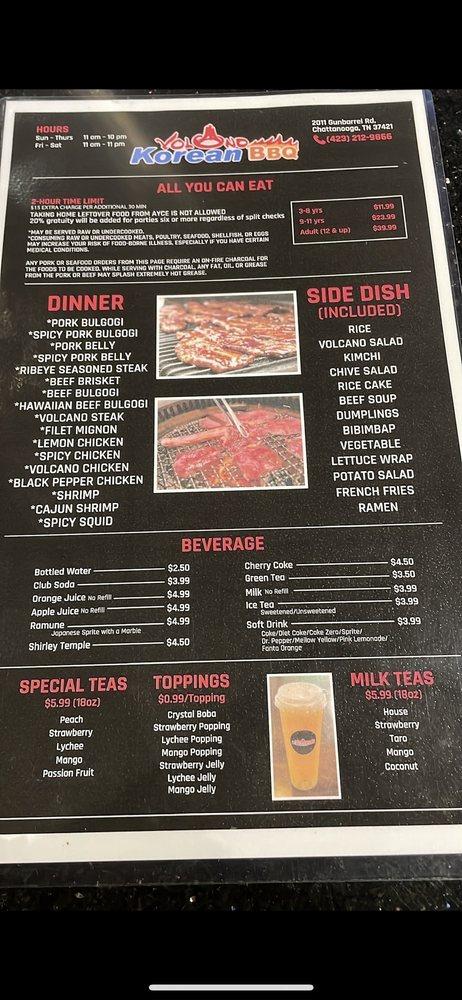 Menu at Volcano Korean BBQ & Hot Pot, Chattanooga, Gunbarrel Rd