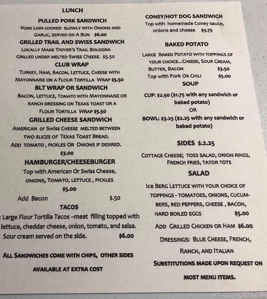 Menu at Snow Side Restaurant, Killbuck