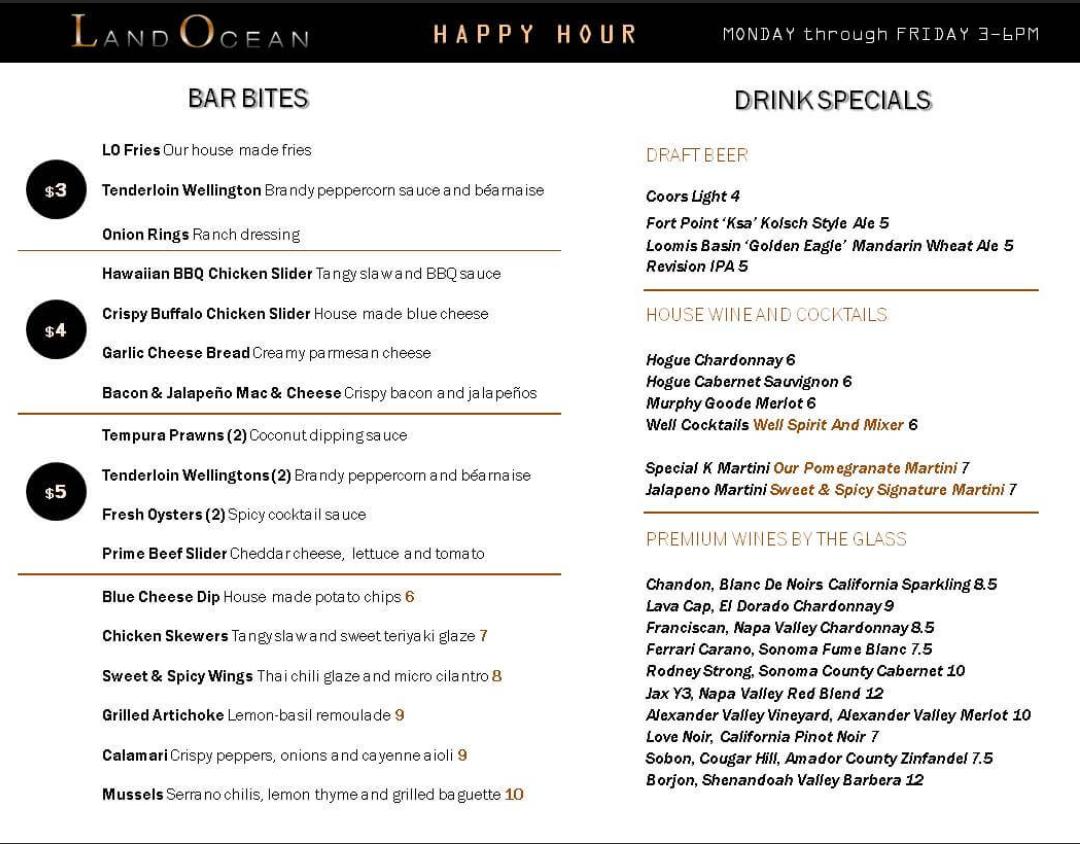 Menu at Land Ocean Restaurant Folsom, Folsom