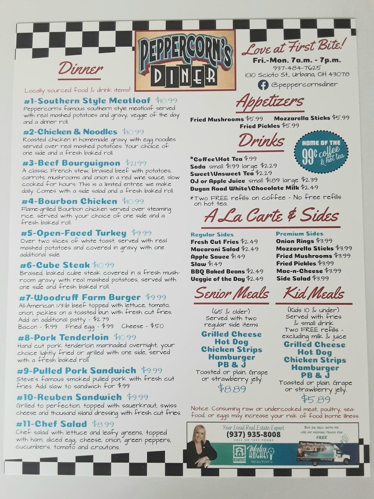 Menu at Peppercorn's Diner restaurant, Urbana