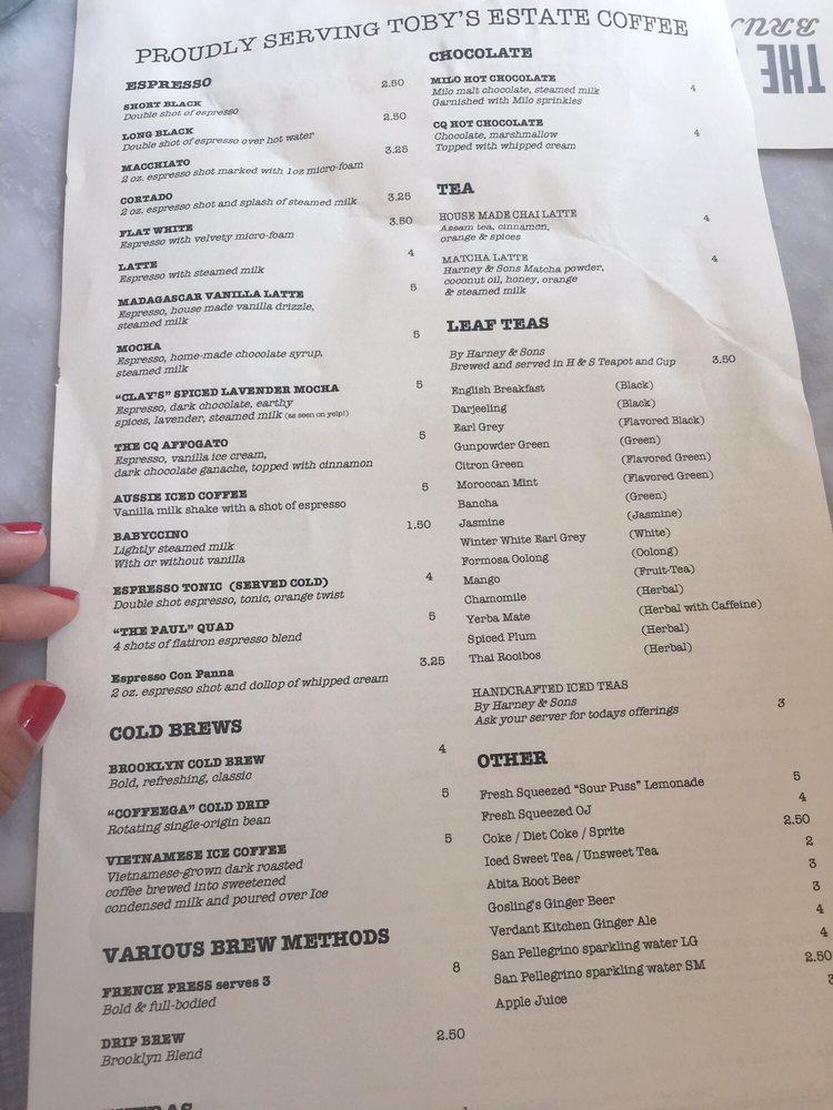 Menu at The Collins Quarter cafe, Savannah, 151 Bull St