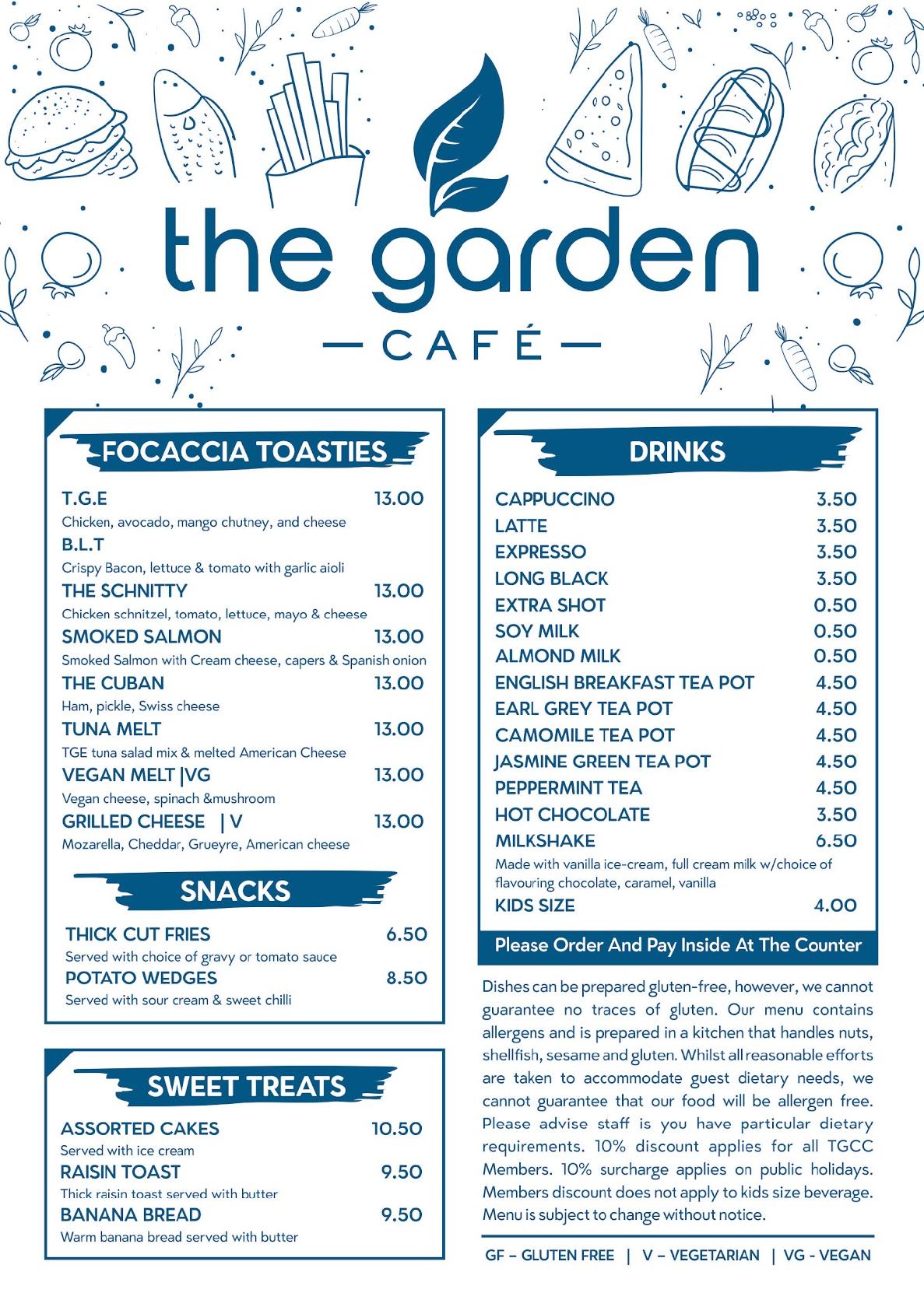 Menu at The Garden Eatery restaurant, Tea Gardens