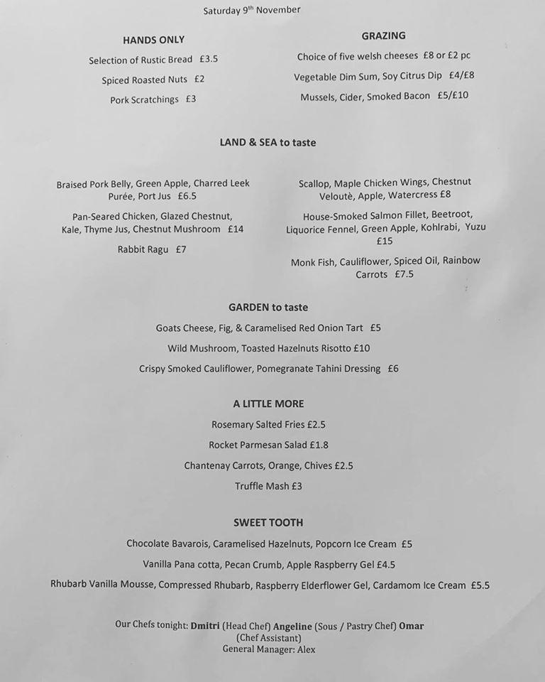 Menu at The Roost restaurant, Saint Athan