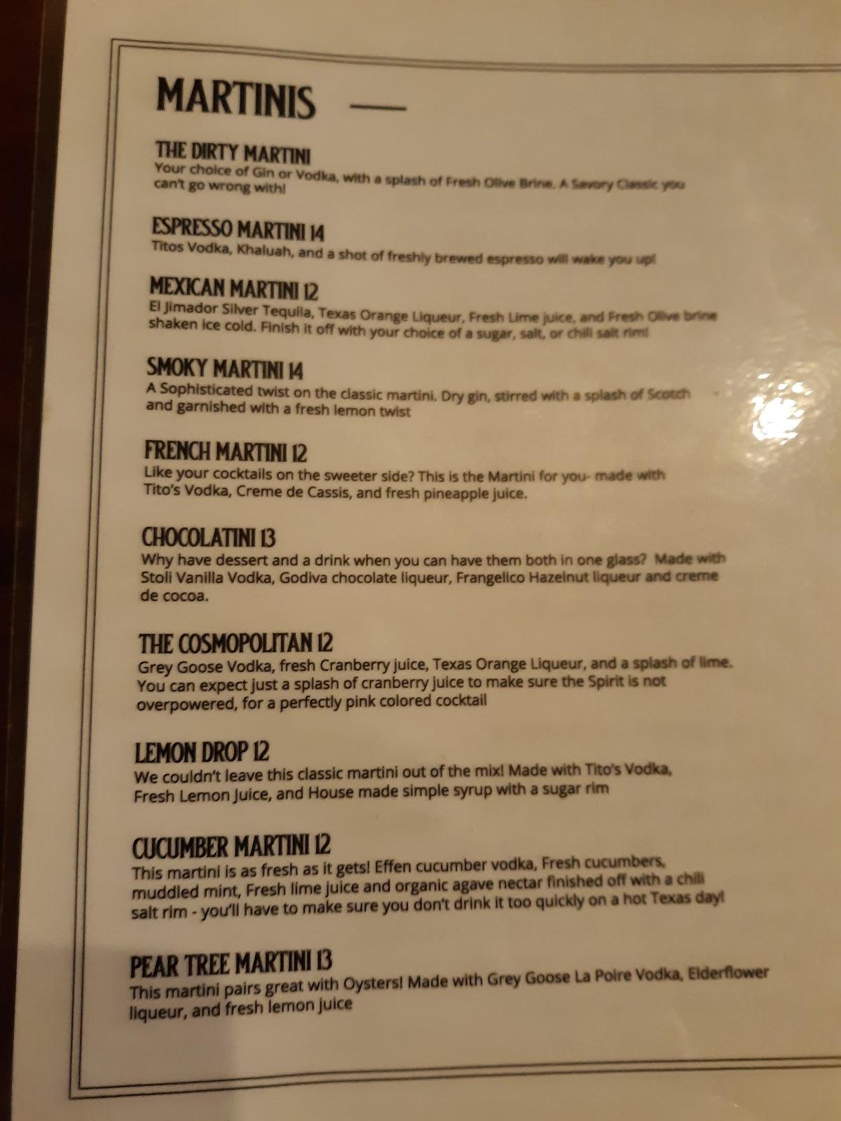 Menu at Martini's Seafood House pub & bar, Fredericksburg