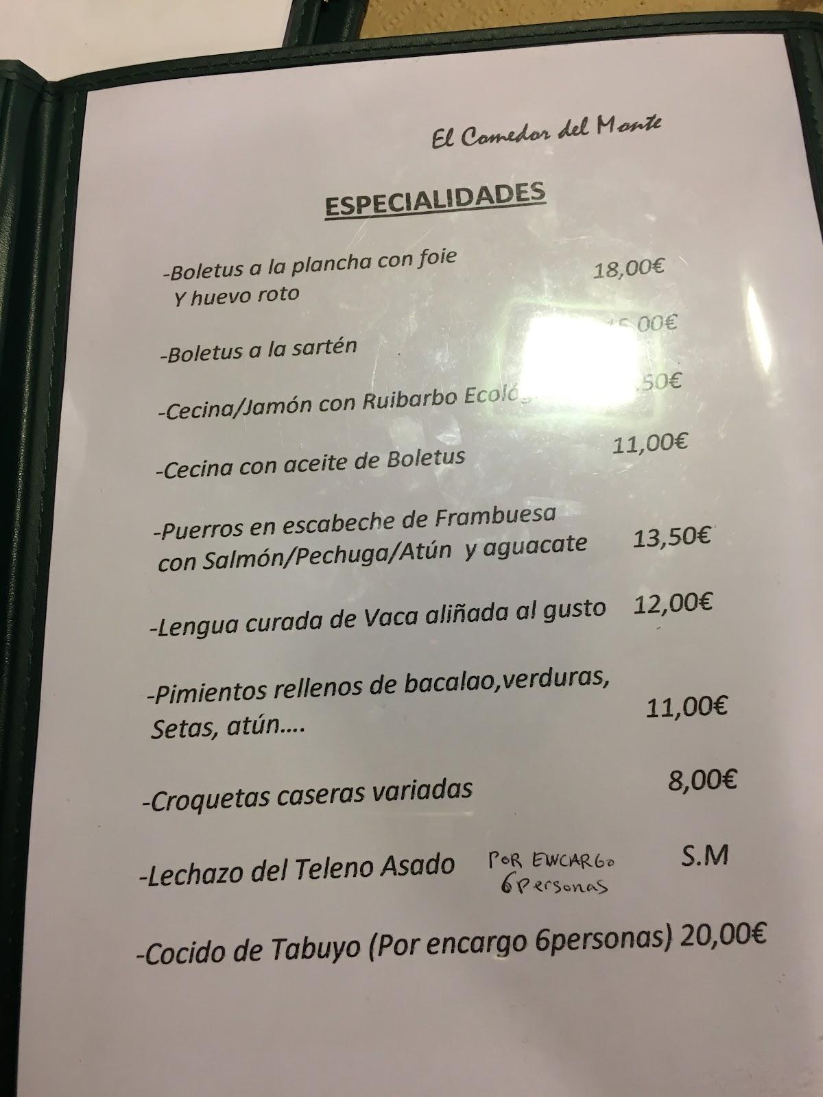 Carta del restaurante El Comedor Del Monte, Tabuyo del Monte