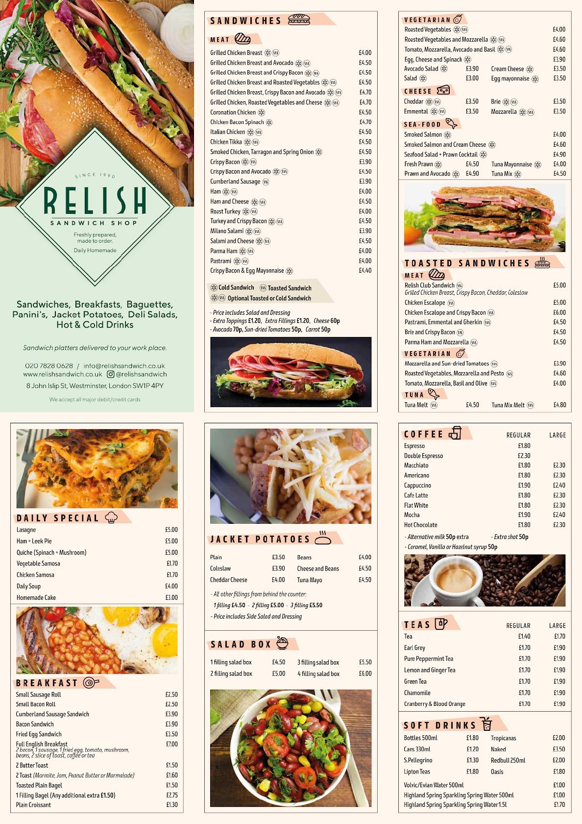 Menu at Relish fast food, London, 8 John Islip St