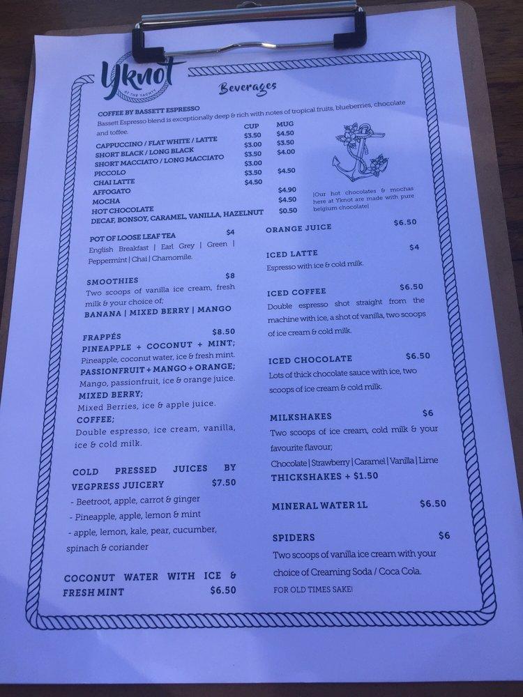 Menu at Y Knot Bistro restaurant, Coffs Harbour