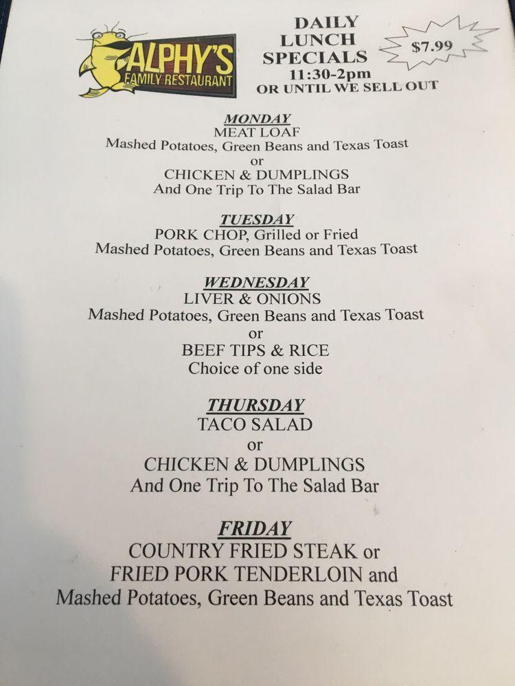 Menu at Alphy's Catfish House restaurant, Navarre