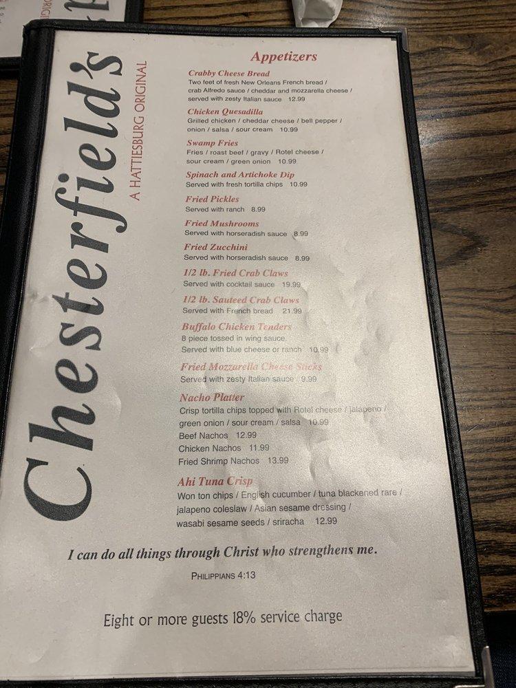 Menu at Chesterfield's pub & bar, Hattiesburg