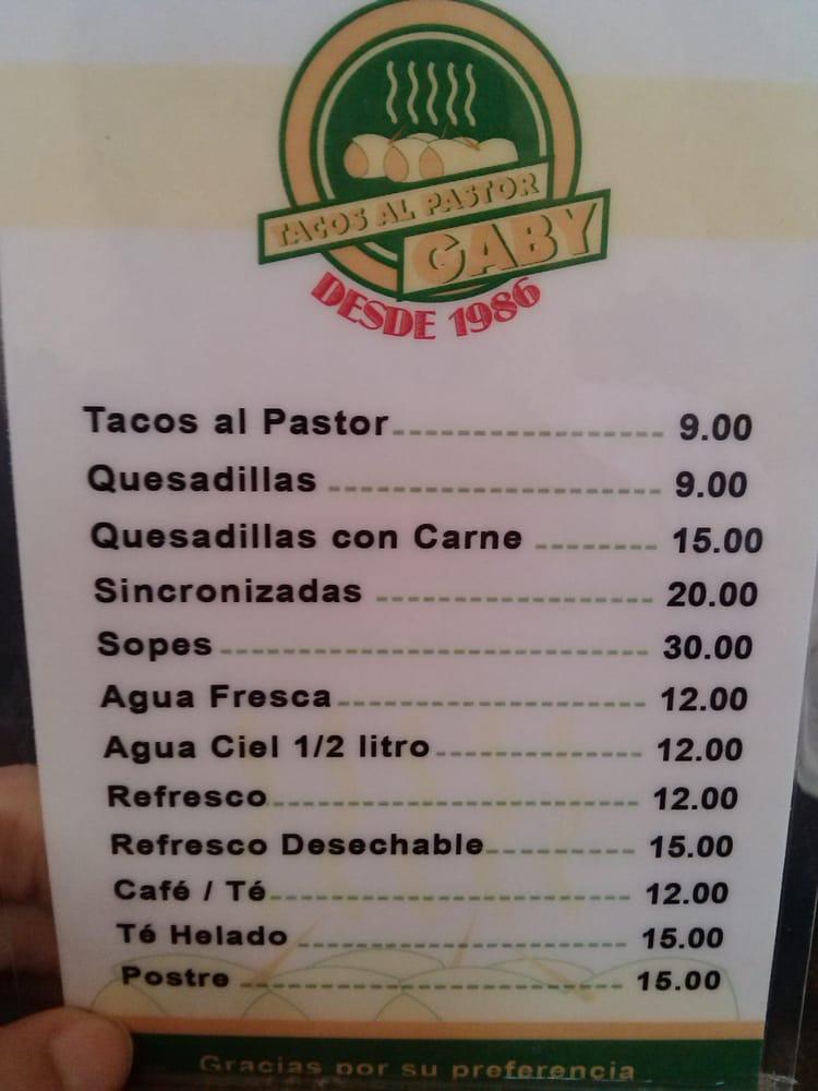 Carta de Tacos al Pastor Gaby, Zapopan