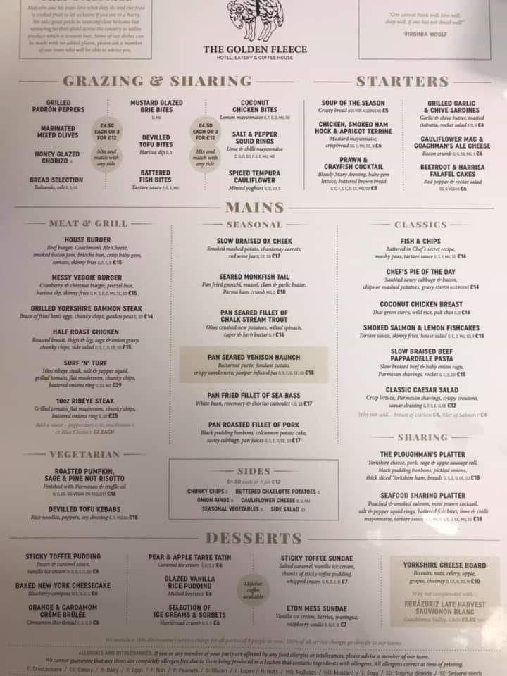Menu at The Golden Fleece Hotel pub & bar, Thirsk
