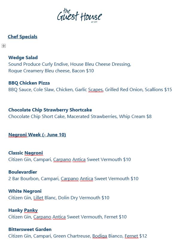 Menu at The Guest House Restaurant, Kenmore