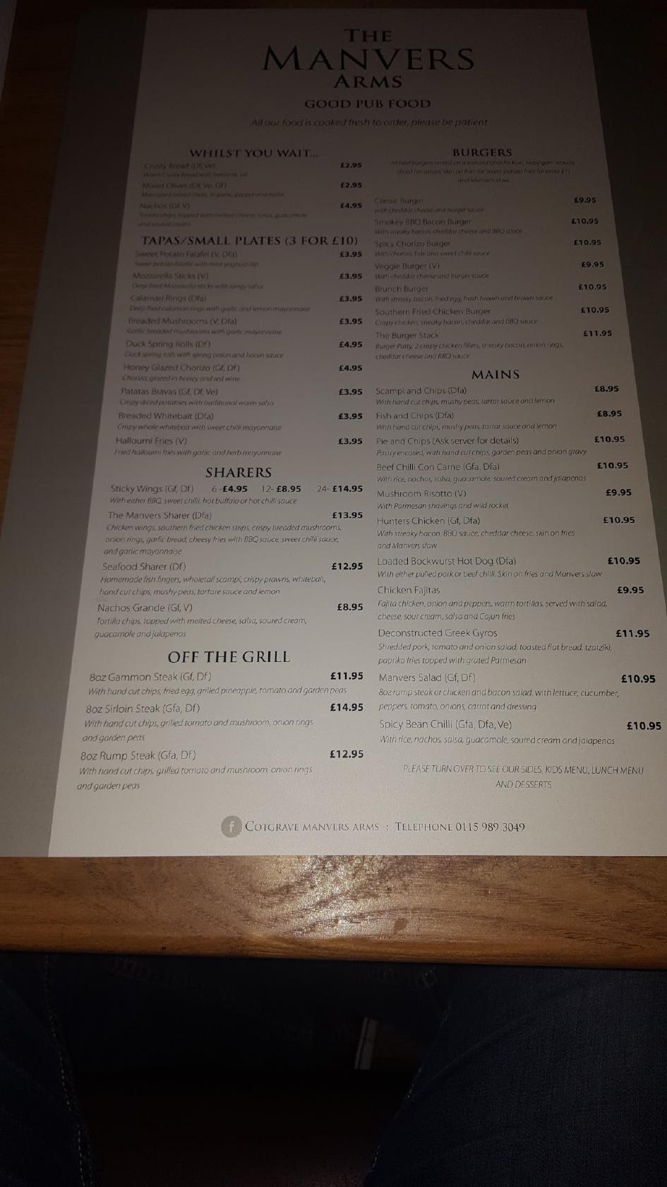 Menu at The Manvers Arms at Cotgrave pub & bar, Nottingham, The Cross