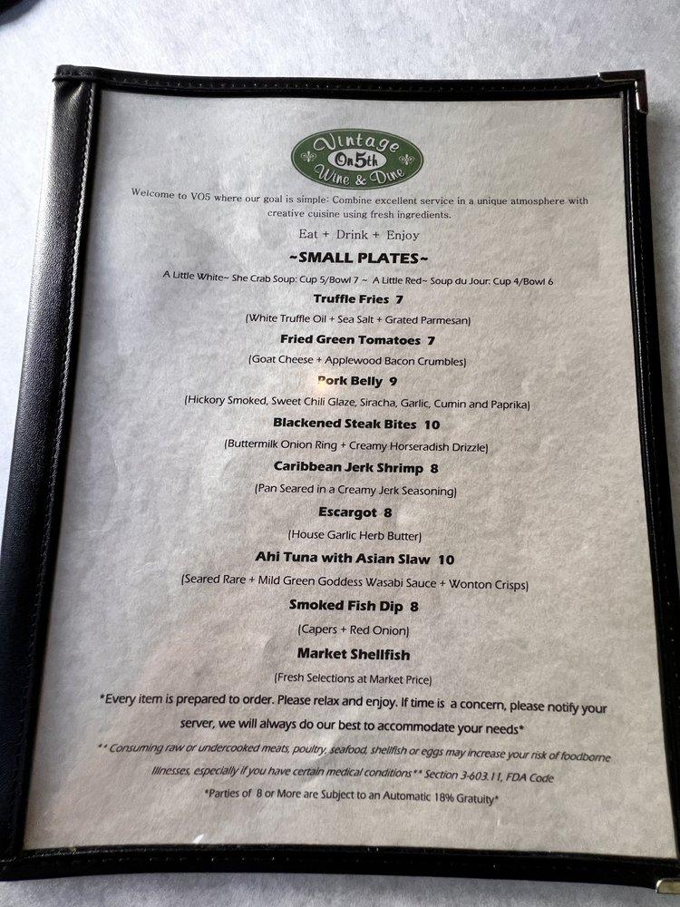 Menu at Vintage On 5th restaurant, Crystal River