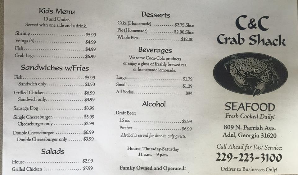 Menu at C & C Crab Shack restaurant, Adel