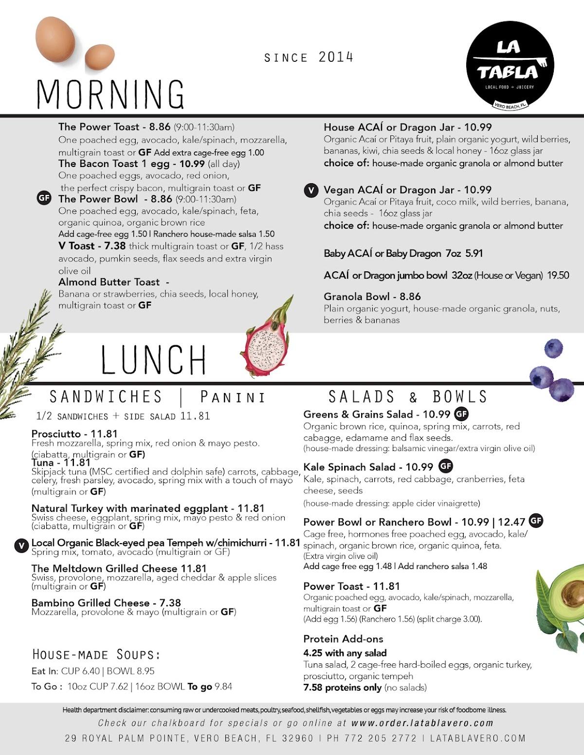 Menu at La Tabla food + Juicery pub & bar, Vero Beach
