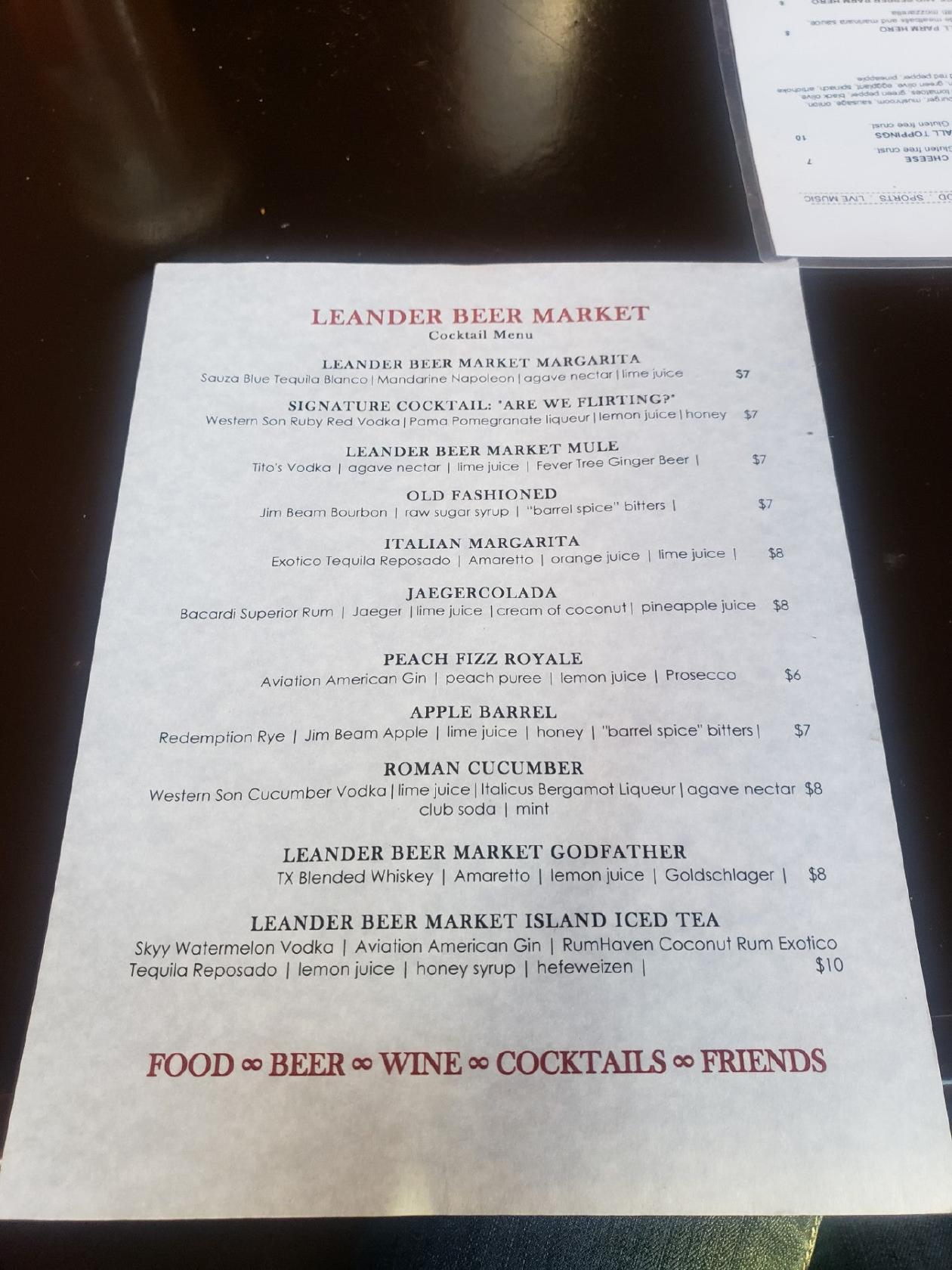 Menu at Leander Beer Market pub & bar, Leander