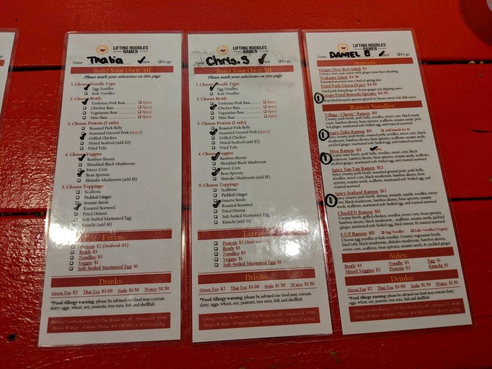 Menu at Lifting Noodles Ramen restaurant, Atlanta, 477 Flat Shoals Ave SE