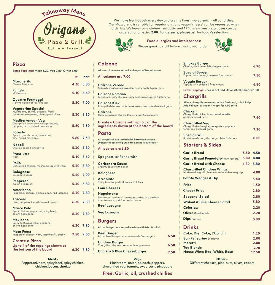 Menu at Origano Hebden Bridge restaurant, Hebden Bridge