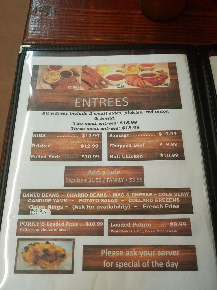 Menu at PORKY'S PIT BBQ, South Padre Island, State Park Rd 100