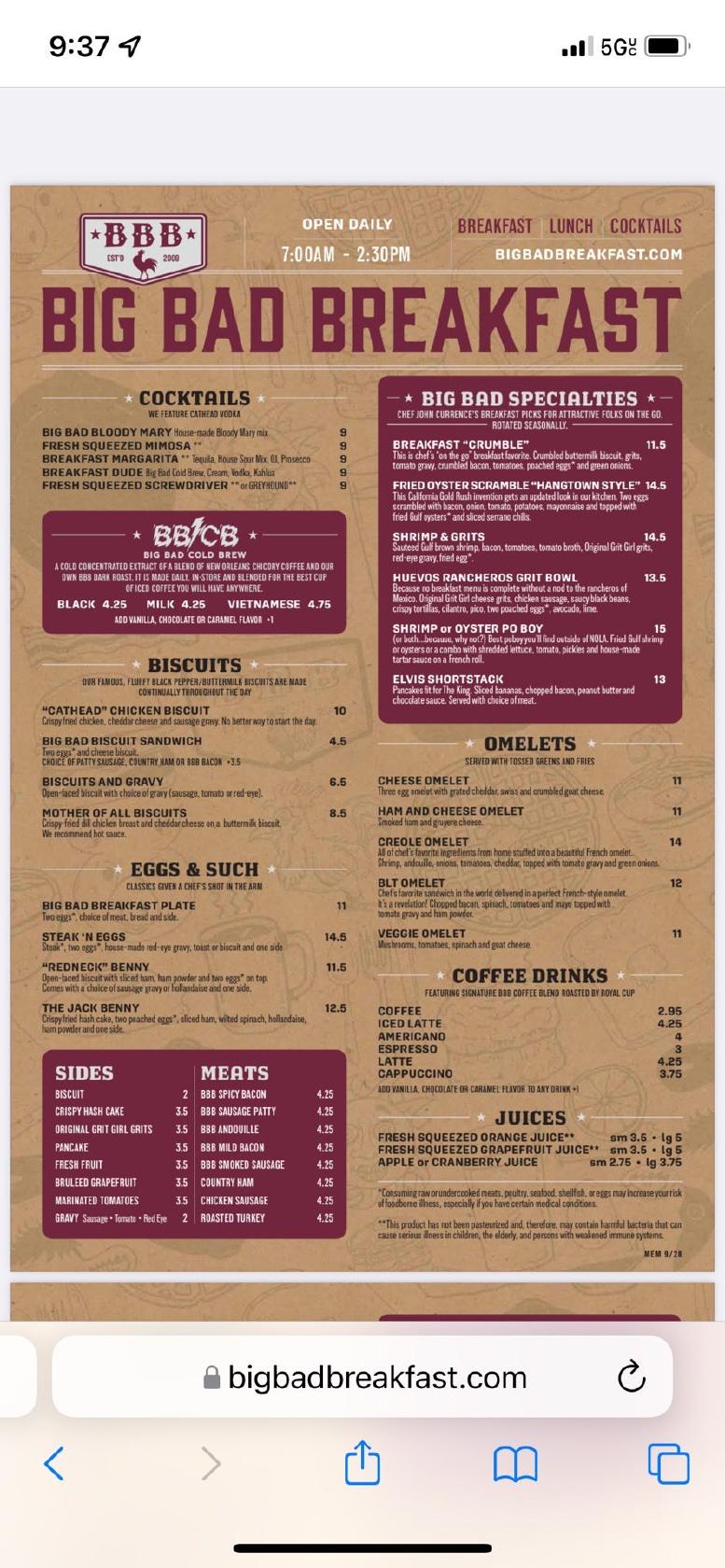 Menu at Big Bad Breakfast East Memphis pub & bar, Memphis