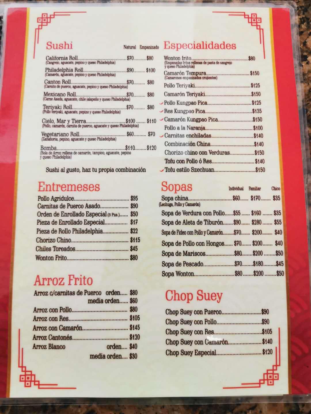 Menu at Perla Oriental800 restaurant, Guaymas
