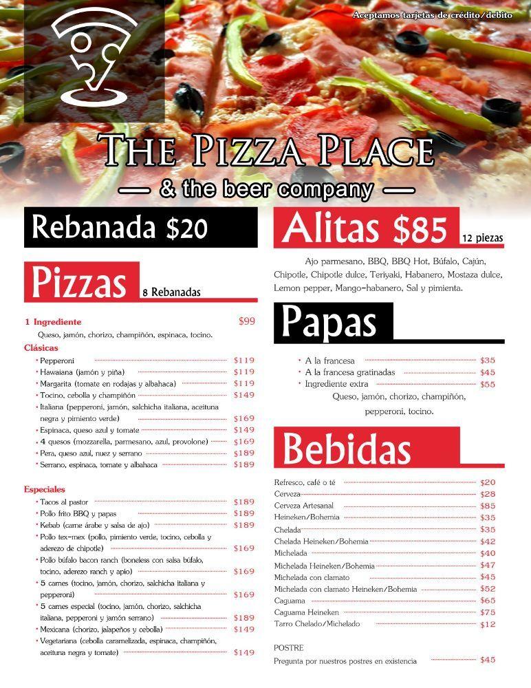 Menu at The Pizza Place & The Beer Company pizzeria, Xalapa