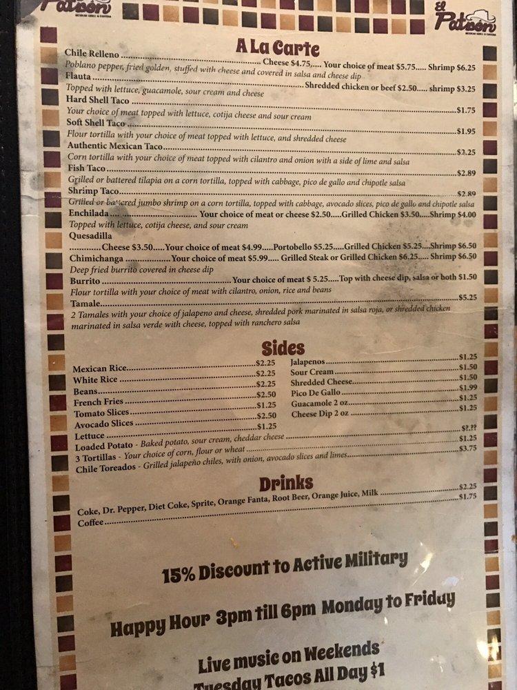 Menu at El Patron Mexican Grill & Cantina pub & bar, Gretna, 516 Gretna