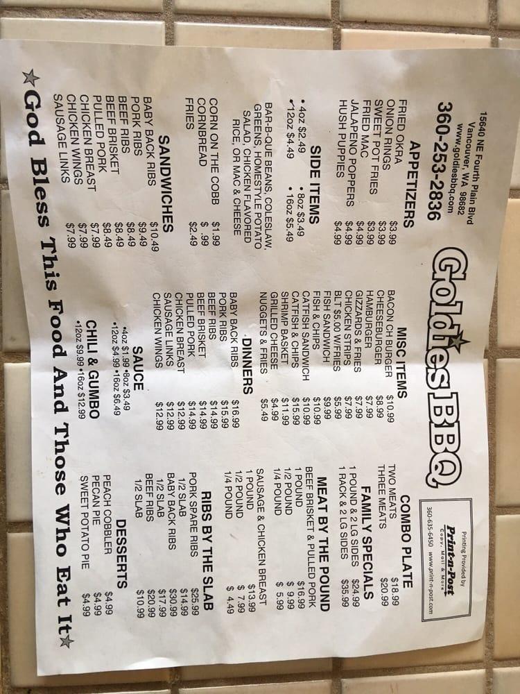 Menu at Goldie's Texas Style BBQ, Vancouver