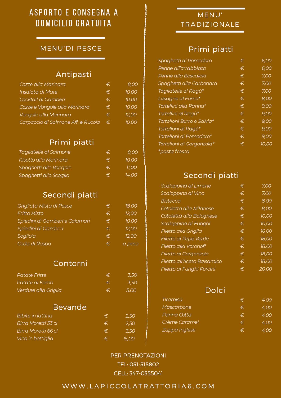 Menu da La Piccola Trattoria ristorante, Bologna