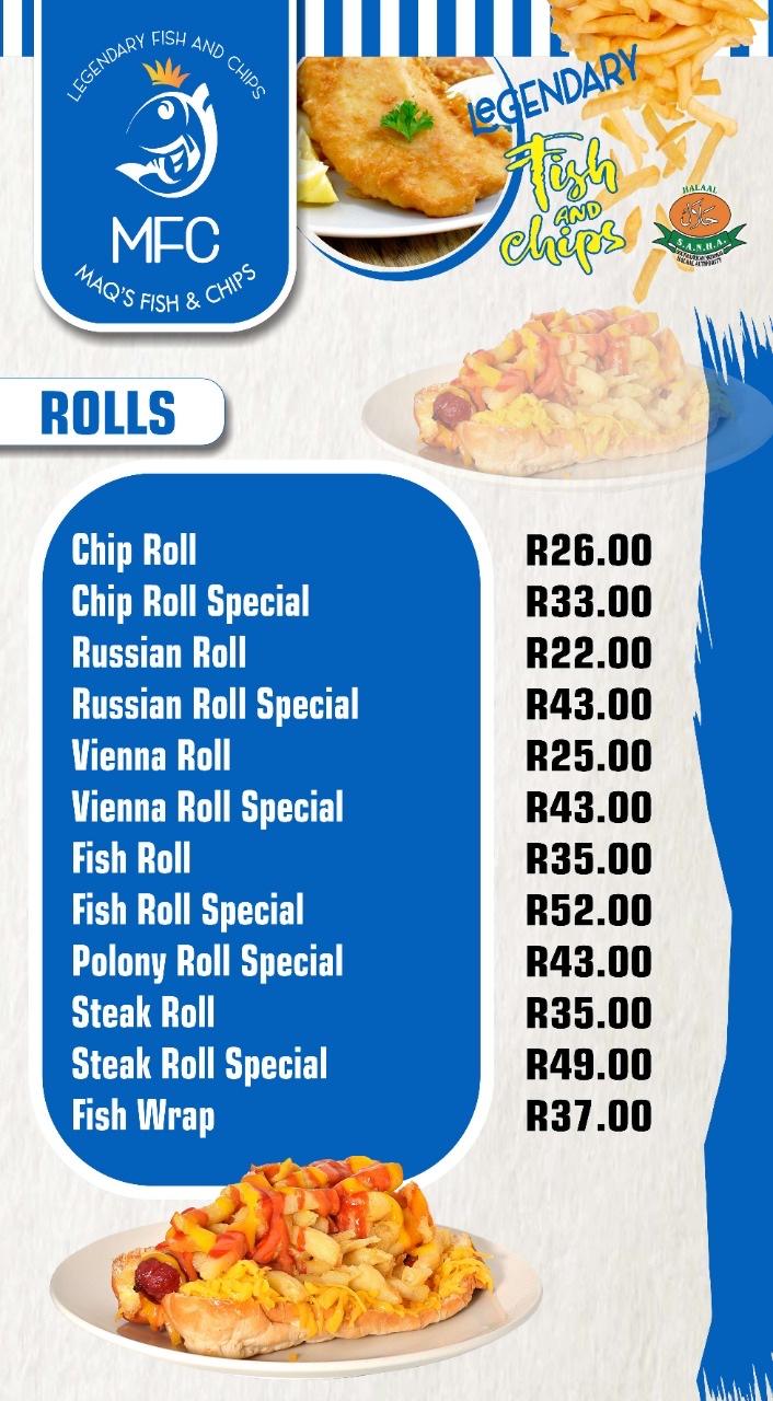 Menu at Maq's Fish and chips restaurant, Lenasia, L22 napier