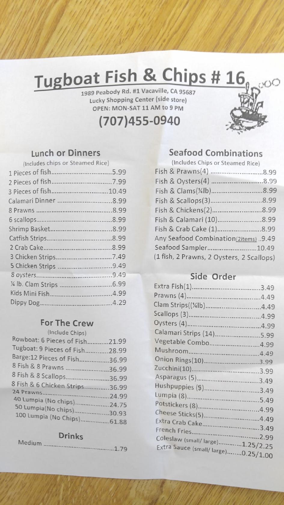 Menu at Tugboat Fish & Chips Vacaville fast food, Vacaville