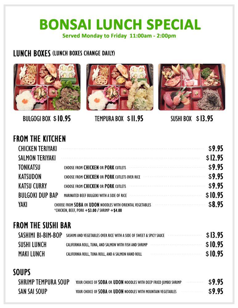 Menu at Bonsai restaurant, Upper Arlington