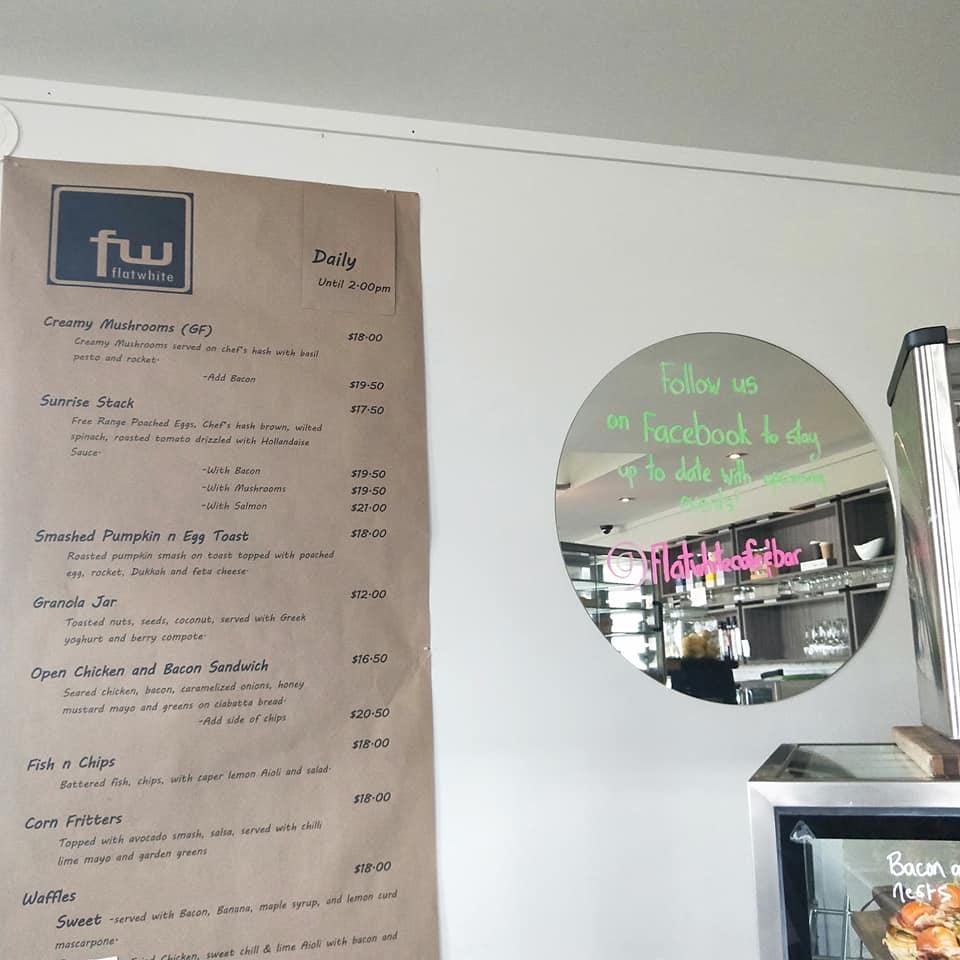 Menu at The Flat White cafe, Pegasus
