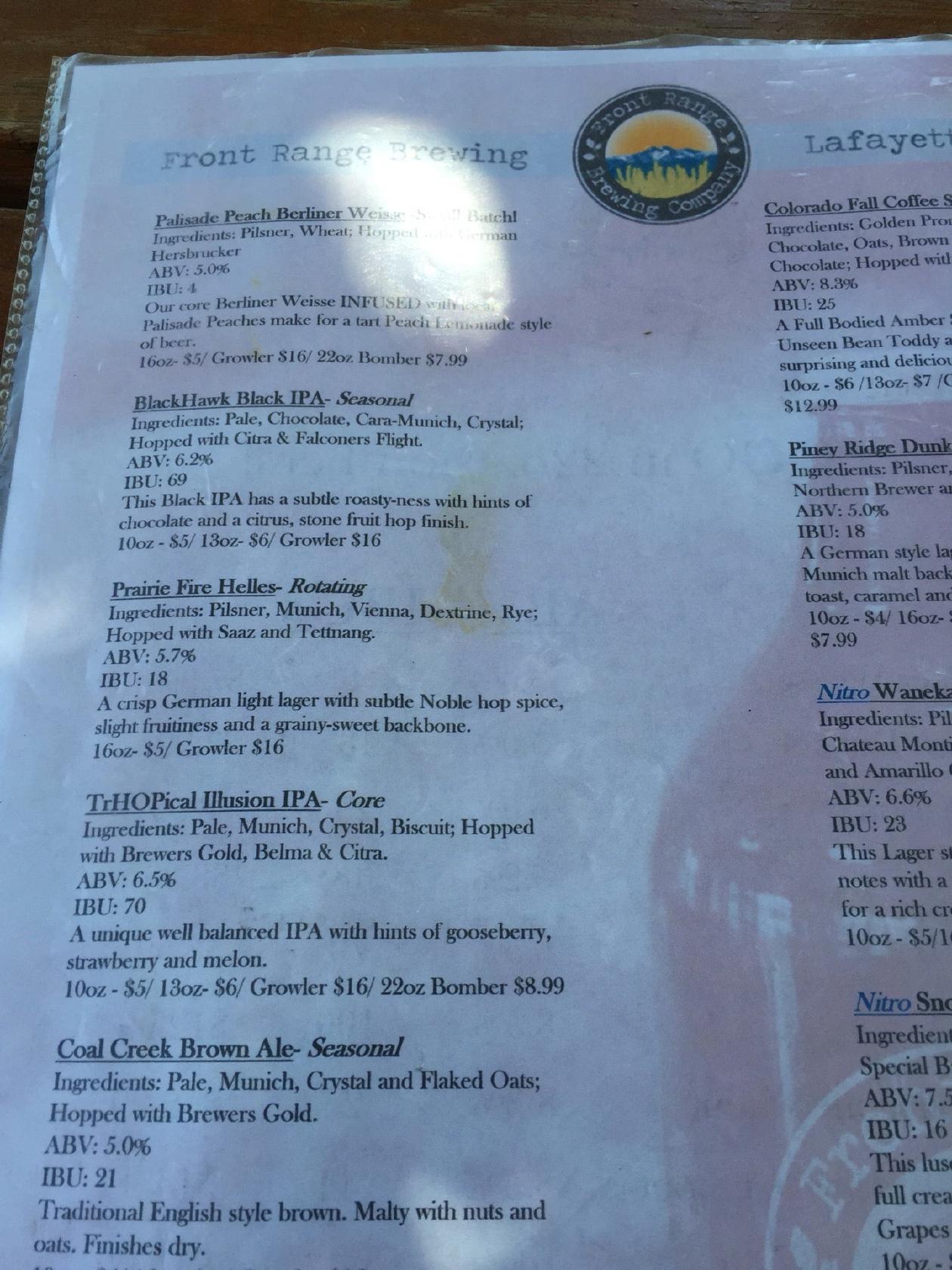 Menu at Front Range Brewing Company pub & bar, Lafayette