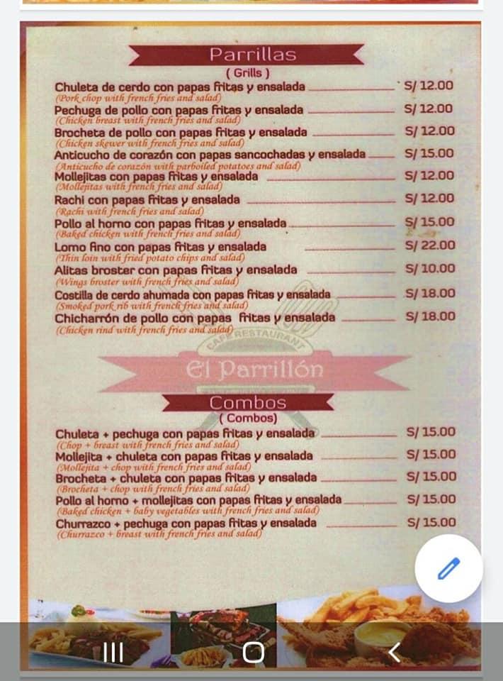 Menu at Café Restaurante El Parrillón, Chachapoyas