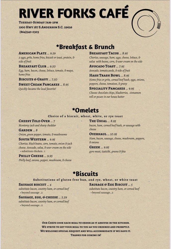 Menu at River Forks Cafe, USA