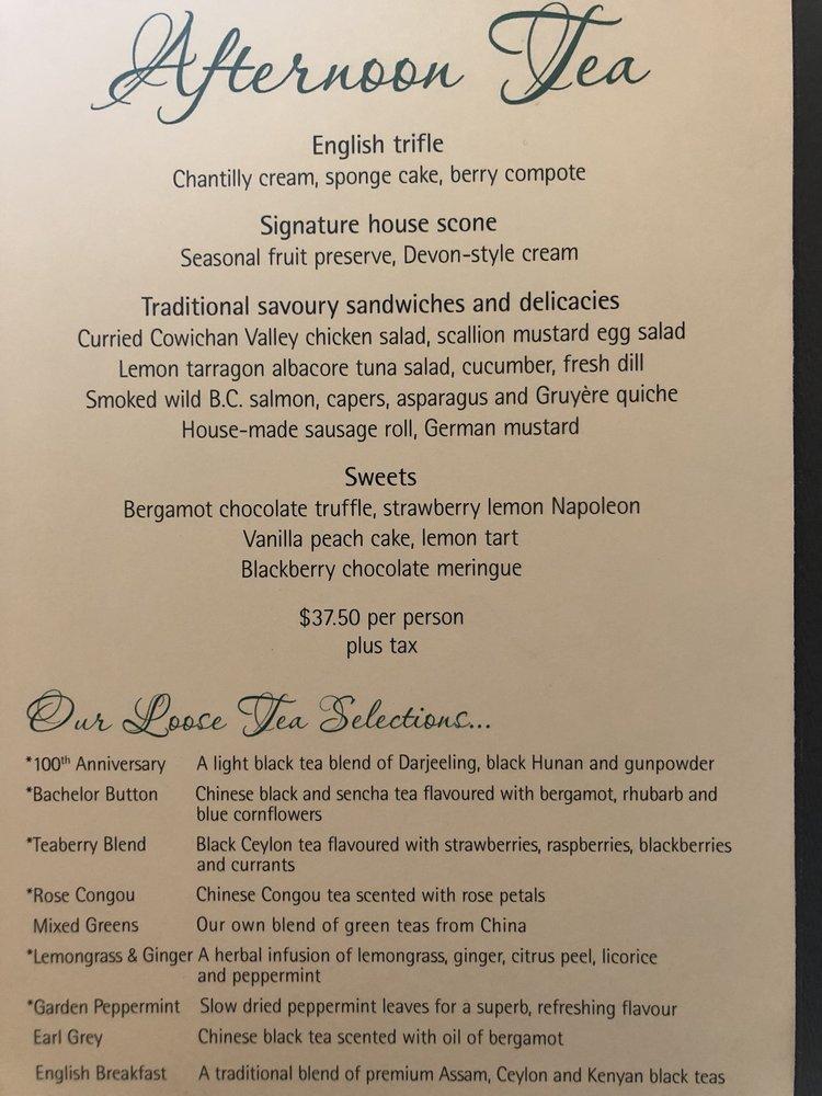 Menu at The Dining Room at Butchart Gardens restaurant, Brentwood Bay