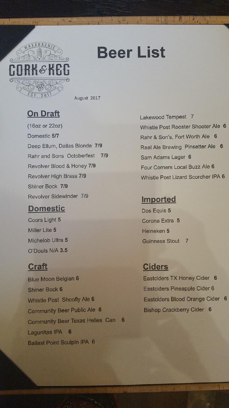 Menu at Cork & Keg pub & bar, Waxahachie