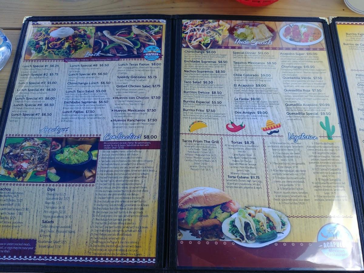 Menu at Acapulco Mexican Restaurant, Rosman