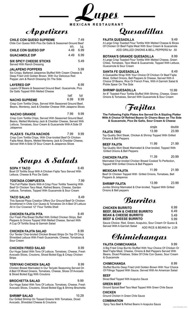 Menu at Lupes Mexican restaurant, Elk City