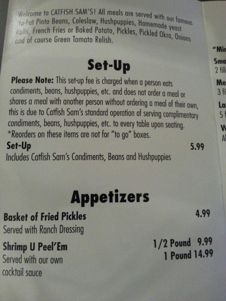 Menu at Catfish Sam's restaurant, Arlington