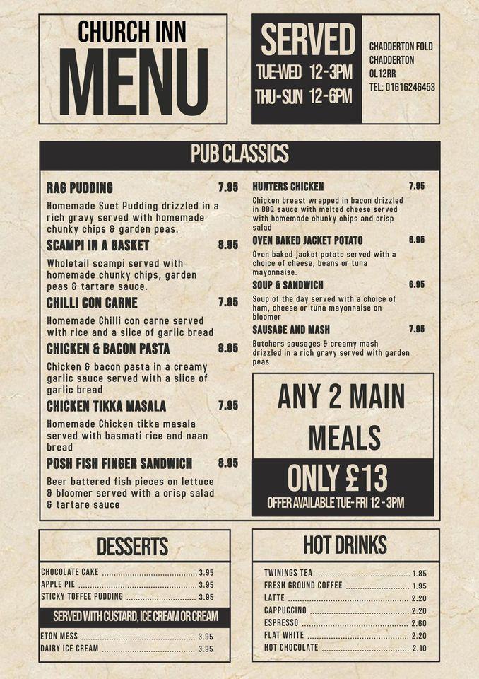 Menu at Church Inn pub & bar, Oldham, 23 Chadderton Fold