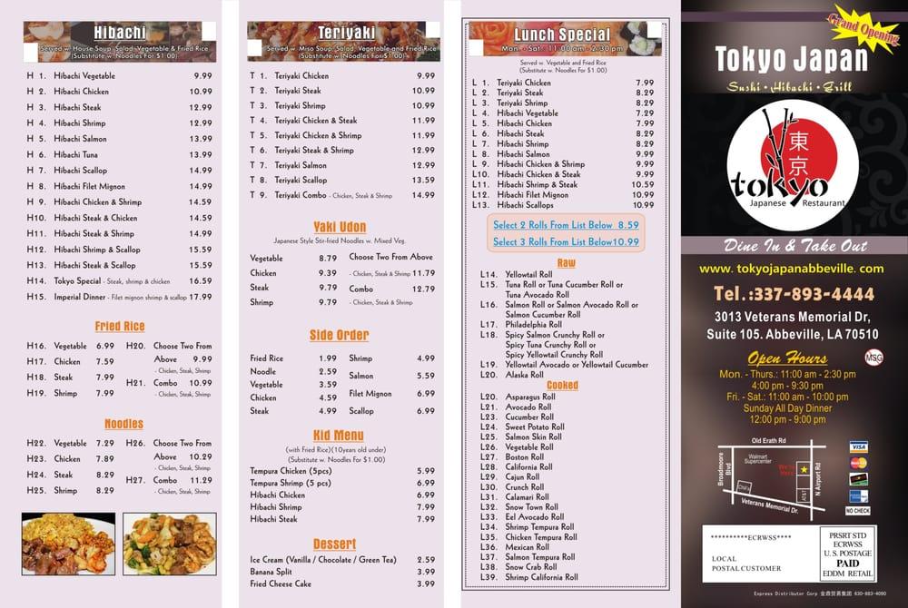 Menu at Tokyo Japan restaurant, Abbeville
