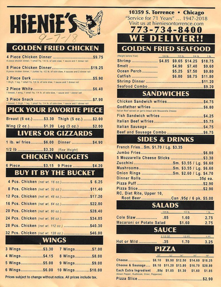 Menu at Hienie's Shrimp House restaurant, Chicago