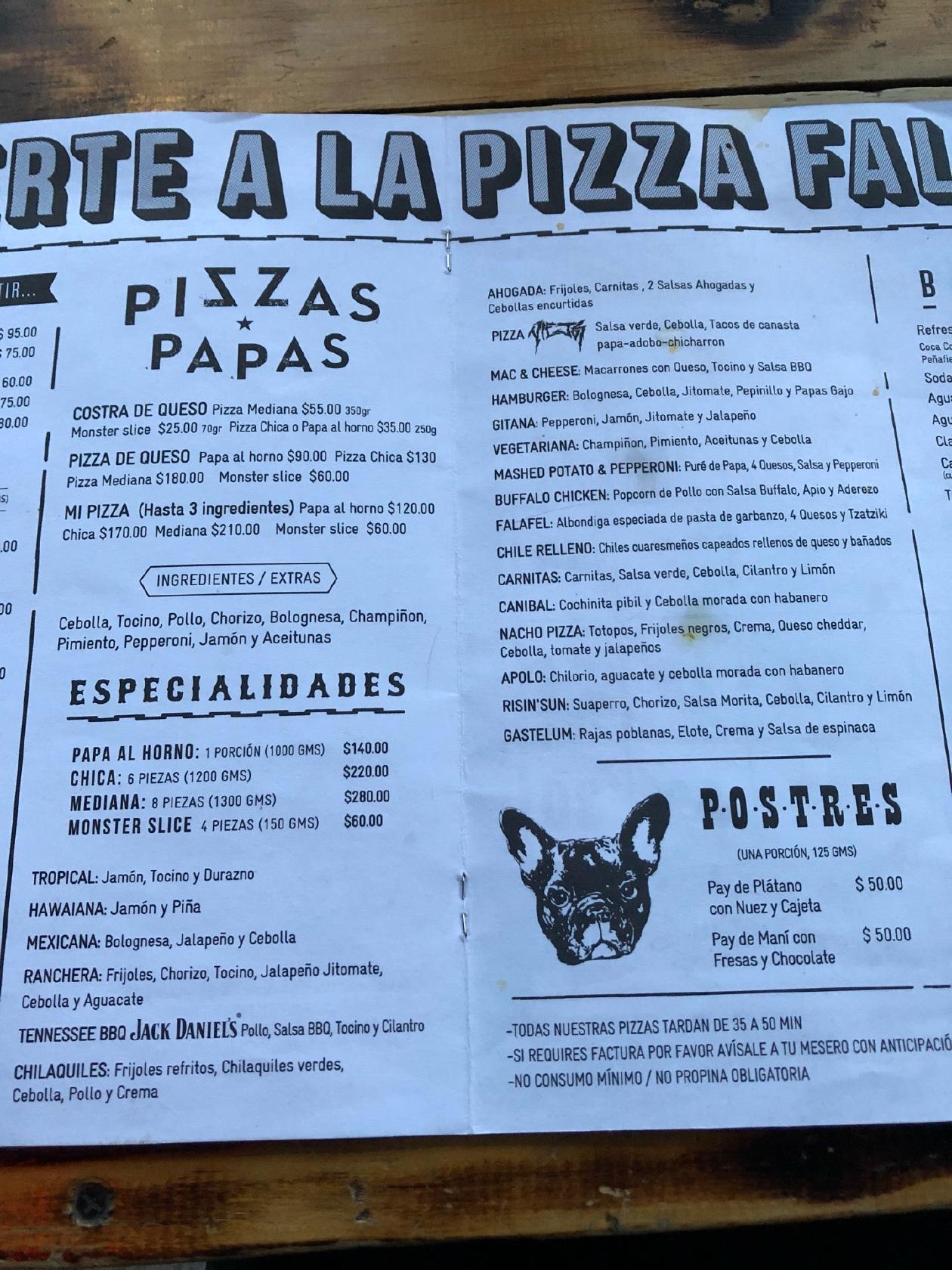Carta de pizzería Pizza del Perro Negro Roma Norte, Ciudad de México