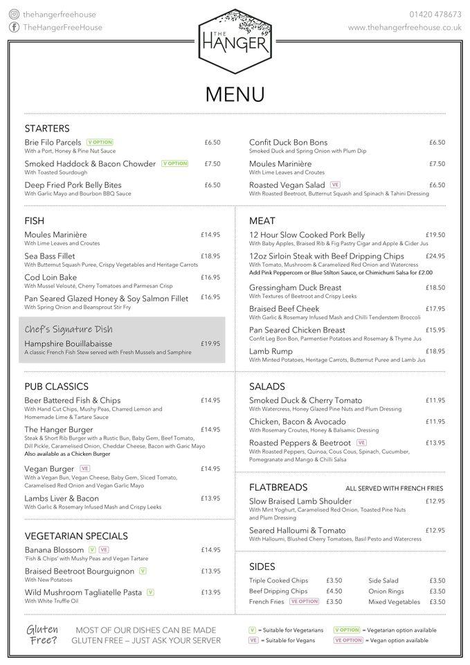 Menu at The Hanger Freehouse restaurant, Whitehill