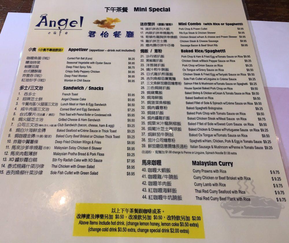 Menu at Angel Cafe, Vancouver