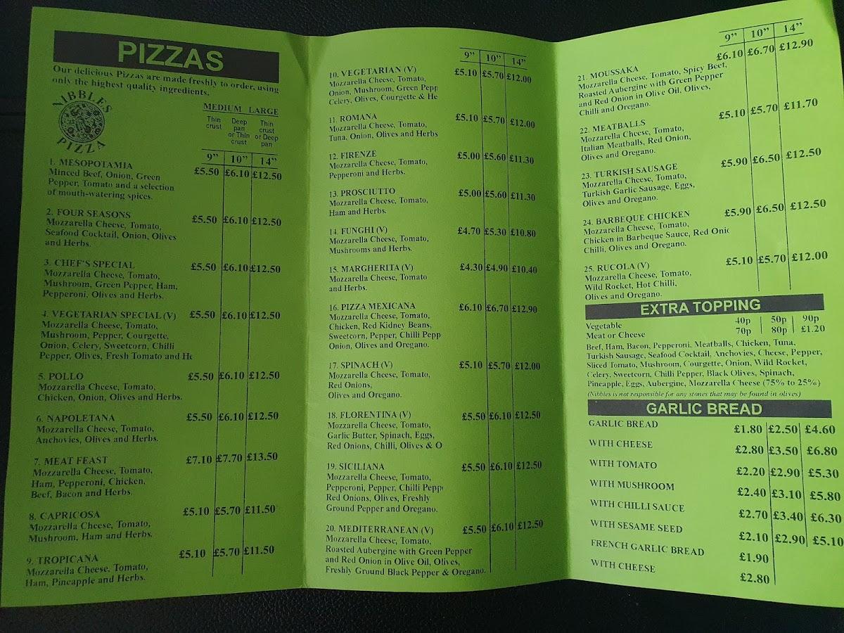 Menu at Nibbles Pizza fast food, Sheffield, 465 Glossop Rd